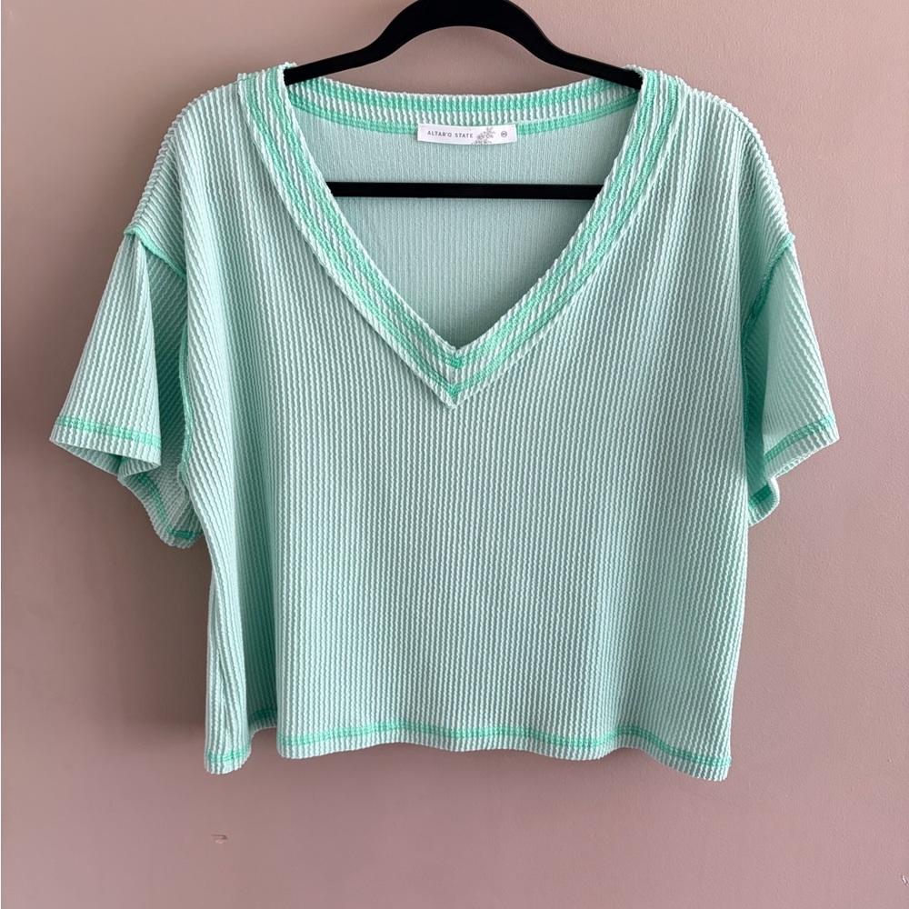 NWOT Altar’d State Ada Ribbed Boxy Tee in aqua size XS